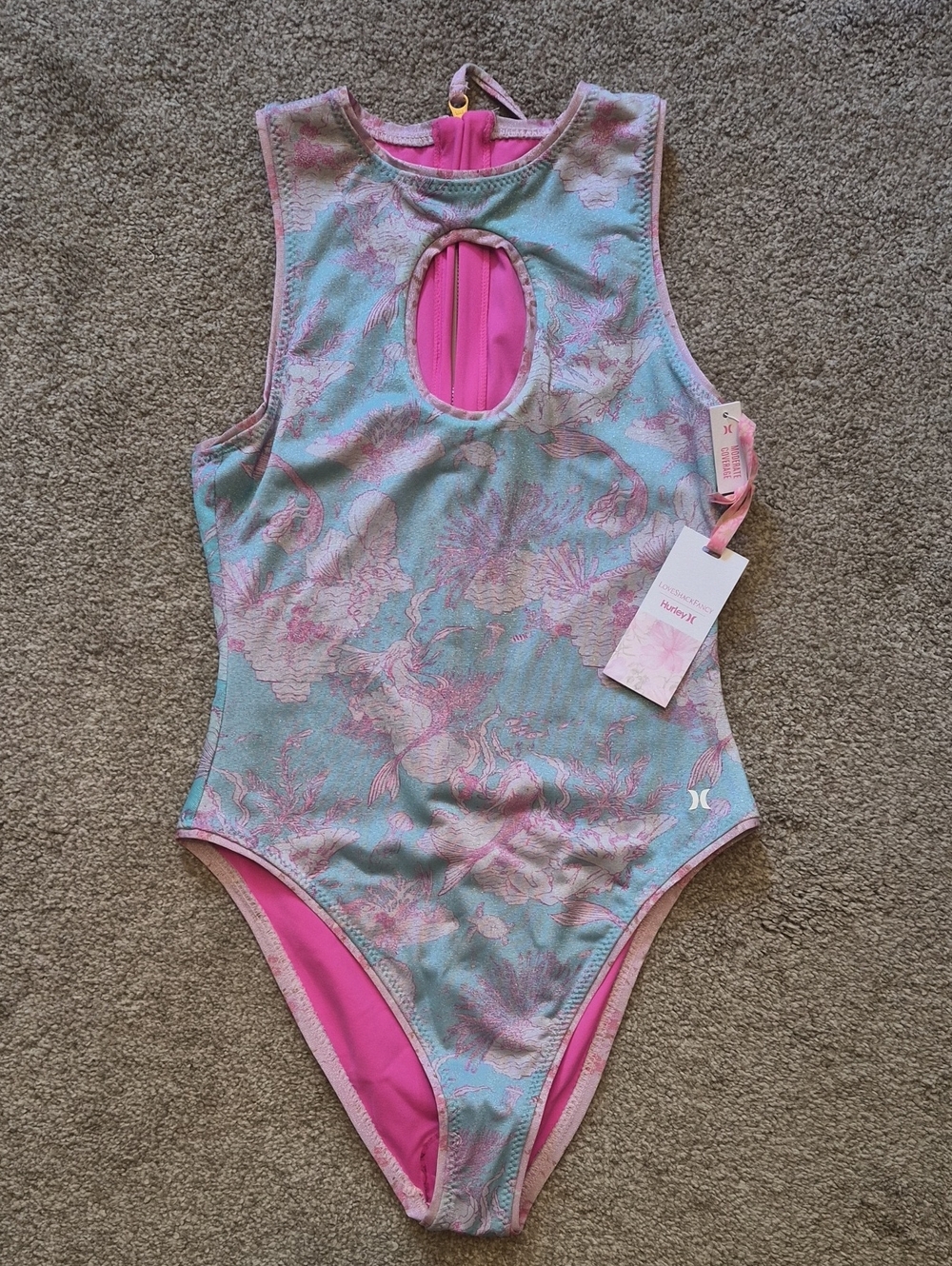 NWT LoveShackFancy & Hurley Aqua and Pink Floral One-Piece Swimsuit Sz SMALL